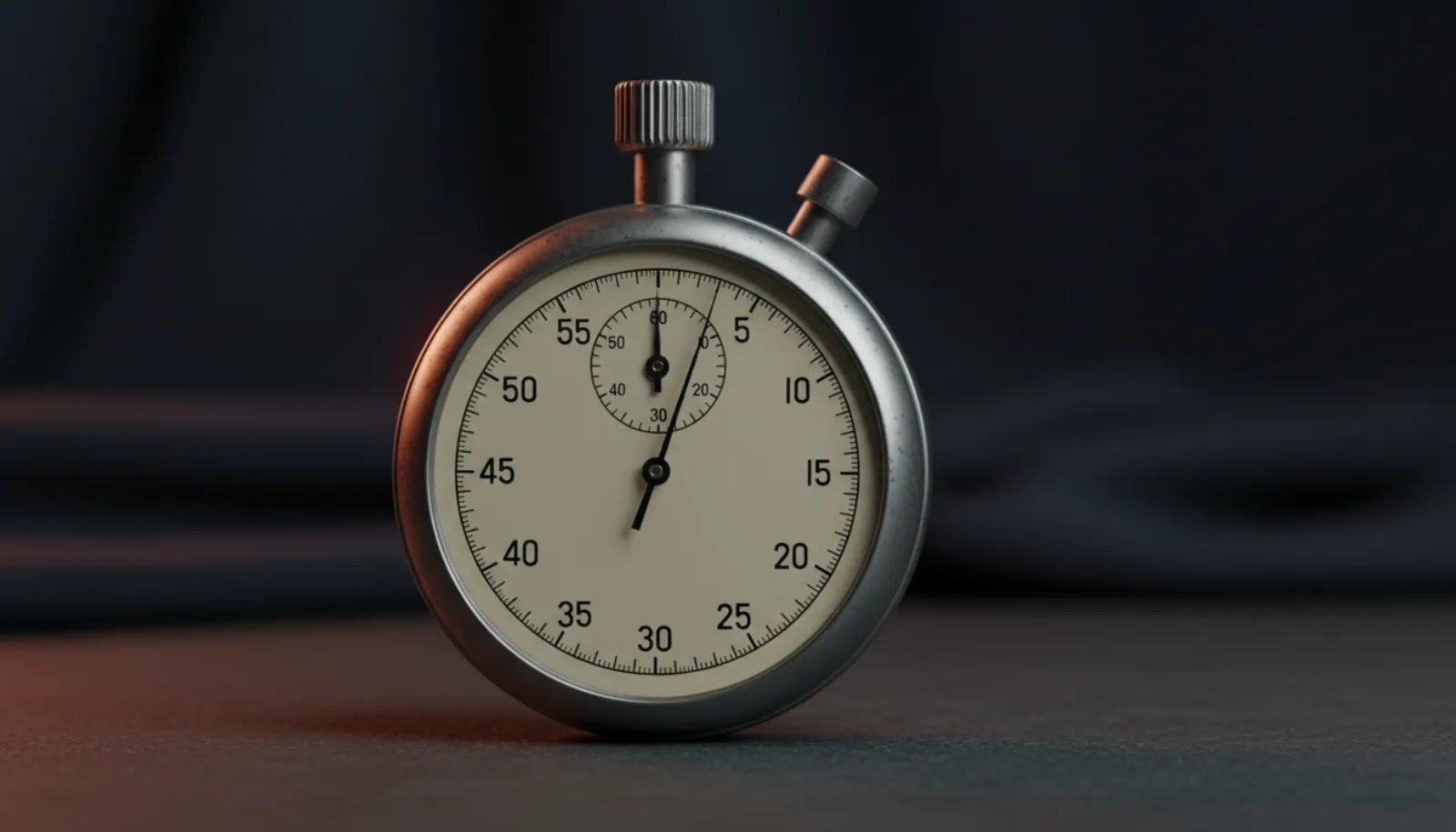 A machined stopwatch on a dark surface, second hand mid-sweep