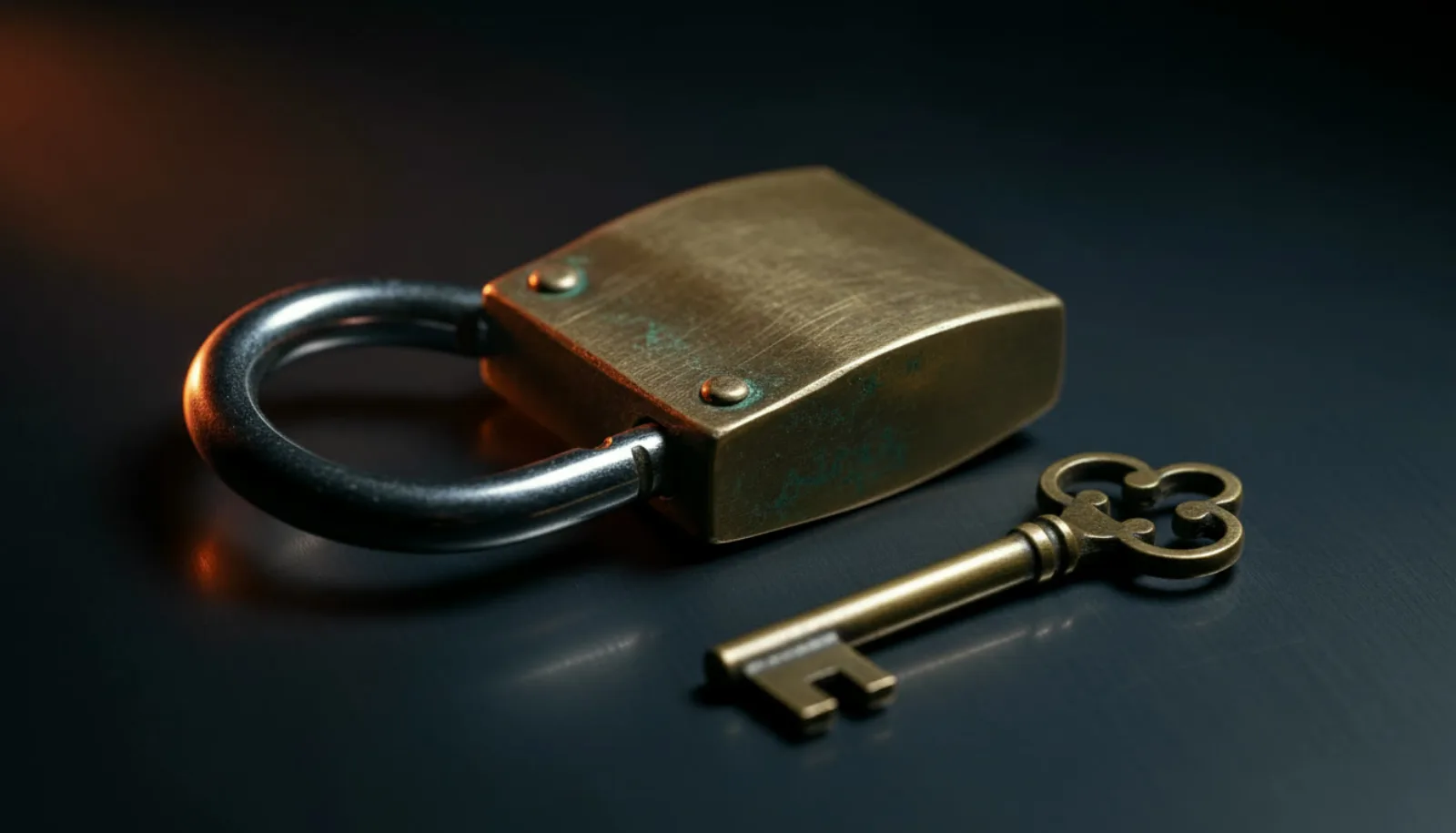 An open padlock resting unlocked on a steel plate, its key beside it